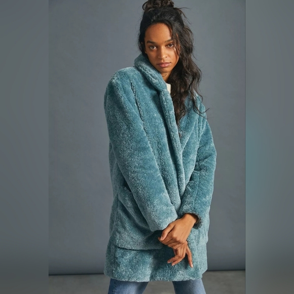 NWT Anthropologie Maeve Lisanne Faux Fur Teddy Bear Coat Jacket Fuzzy Blue 1X - Picture 4 of 11